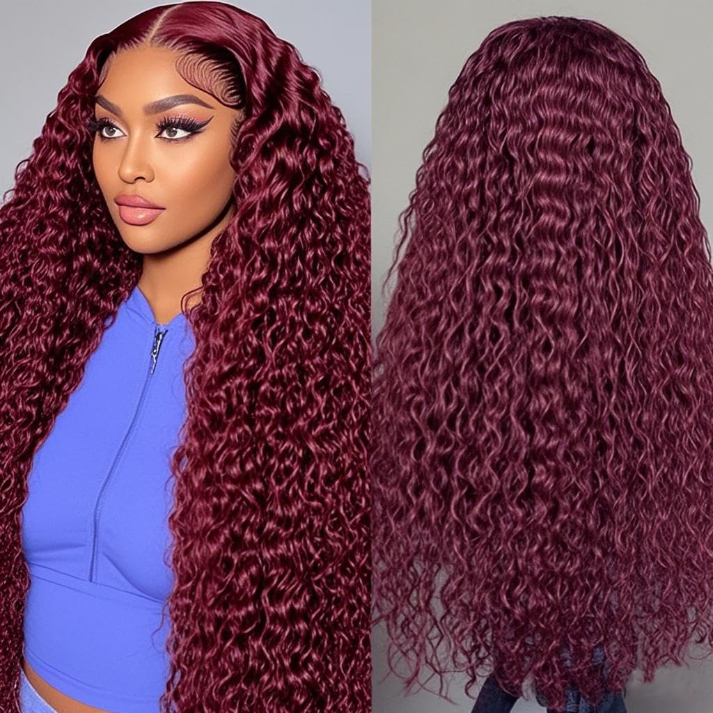 Estilar 99j Burgundy Deep Wave Lace Front Wigs Human Hair 200 Density 13x6 HD Lace Frontal Wigs Pre Plucked Deep Curly Glueless Wigs Human Hair with Baby Hair for Women Red Color 28 Inch