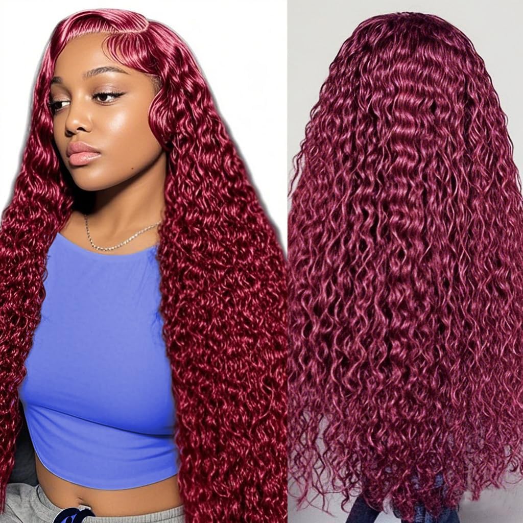 Estilar 99j Burgundy Deep Wave Lace Front Wigs Human Hair 200 Density 13x6 HD Lace Frontal Wigs Pre Plucked Deep Curly Glueless Wigs Human Hair with Baby Hair for Women Red Color 28 Inch