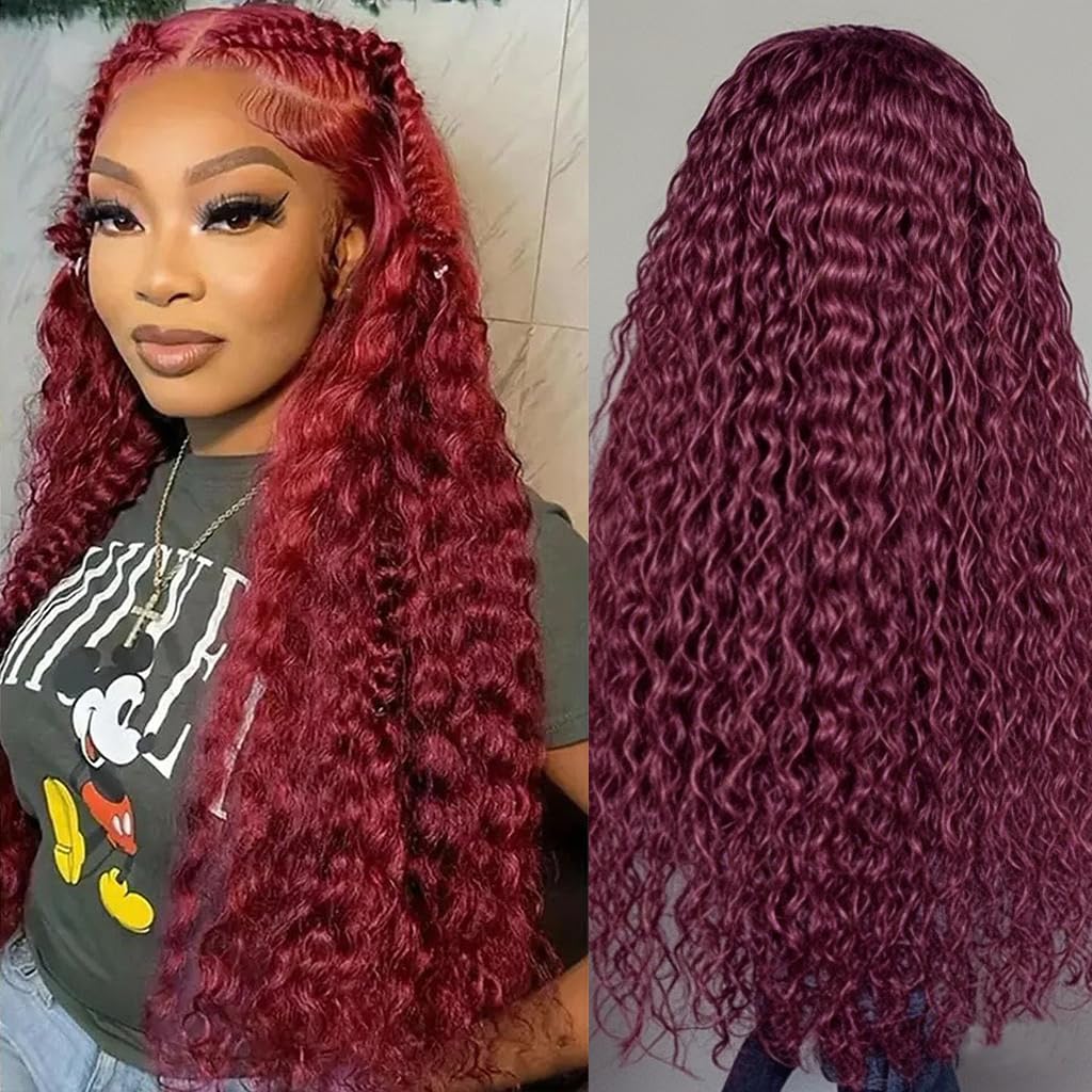 Estilar 99j Burgundy Deep Wave Lace Front Wigs Human Hair 200 Density 13x6 HD Lace Frontal Wigs Pre Plucked Deep Curly Glueless Wigs Human Hair with Baby Hair for Women Red Color 28 Inch
