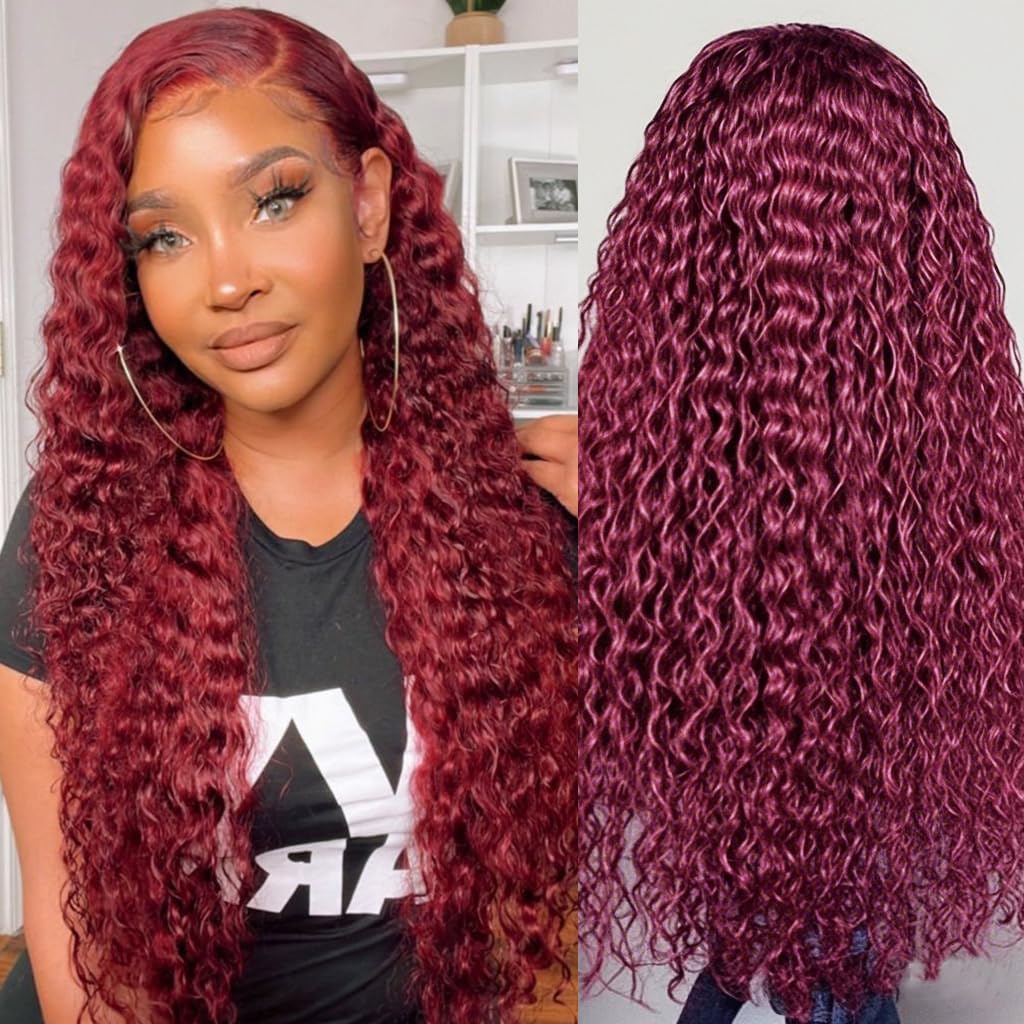 Estilar 99j Burgundy Deep Wave Lace Front Wigs Human Hair 200 Density 13x6 HD Lace Frontal Wigs Pre Plucked Deep Curly Glueless Wigs Human Hair with Baby Hair for Women Red Color 28 Inch