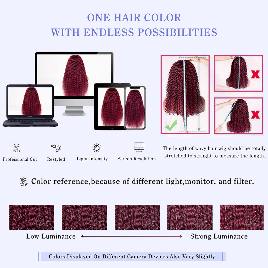 Estilar 99j Burgundy Deep Wave Lace Front Wigs Human Hair 200 Density 13x6 HD Lace Frontal Wigs Pre Plucked Deep Curly Glueless Wigs Human Hair with Baby Hair for Women Red Color 28 Inch
