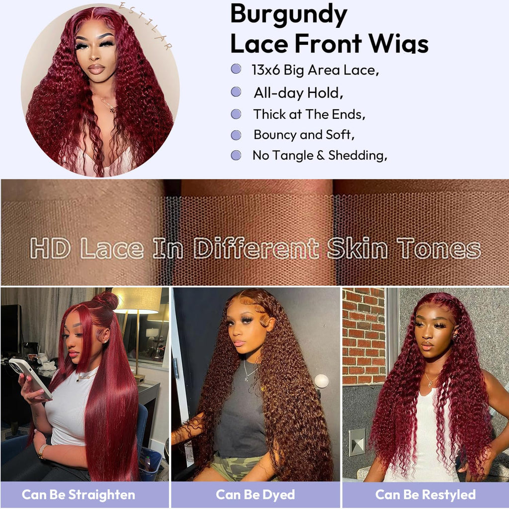 Estilar 99j Burgundy Deep Wave Lace Front Wigs Human Hair 200 Density 13x6 HD Lace Frontal Wigs Pre Plucked Deep Curly Glueless Wigs Human Hair with Baby Hair for Women Red Color 28 Inch