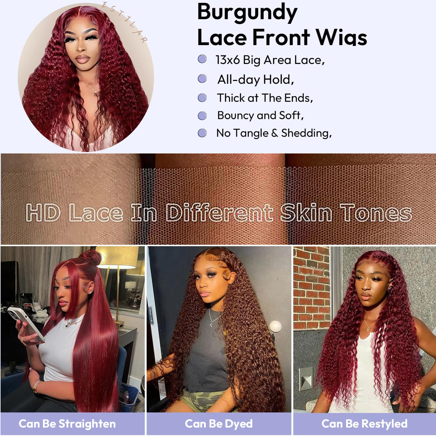 Estilar 99j Burgundy Deep Wave Lace Front Wigs Human Hair 200 Density 13x6 HD Lace Frontal Wigs Pre Plucked Deep Curly Glueless Wigs Human Hair with Baby Hair for Women Red Color 28 Inch