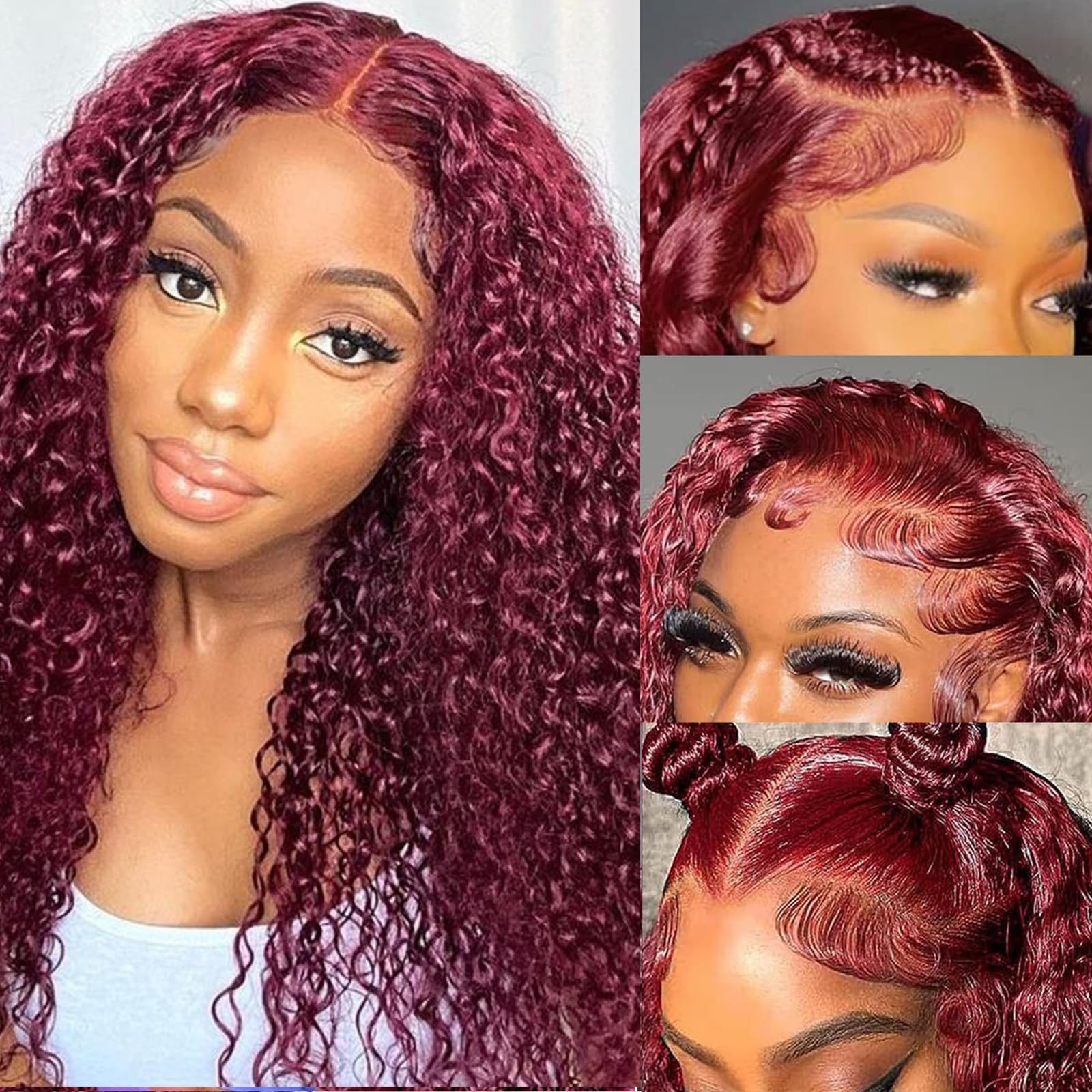 Estilar 99j Burgundy Deep Wave Lace Front Wigs Human Hair 200 Density 13x6 HD Lace Frontal Wigs Pre Plucked Deep Curly Glueless Wigs Human Hair with Baby Hair for Women Red Color 28 Inch