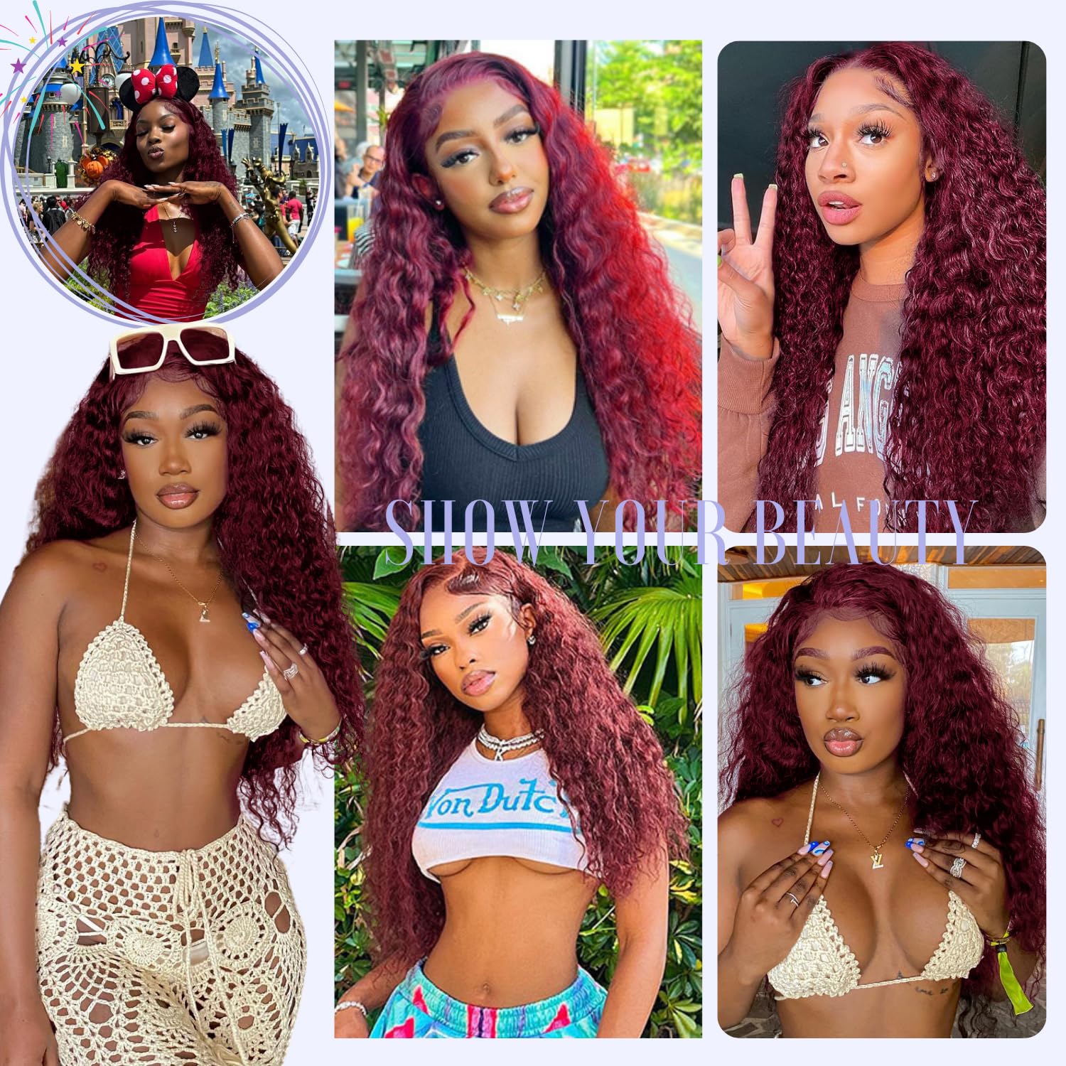Estilar 99j Burgundy Deep Wave Lace Front Wigs Human Hair 200 Density 13x6 HD Lace Frontal Wigs Pre Plucked Deep Curly Glueless Wigs Human Hair with Baby Hair for Women Red Color 28 Inch