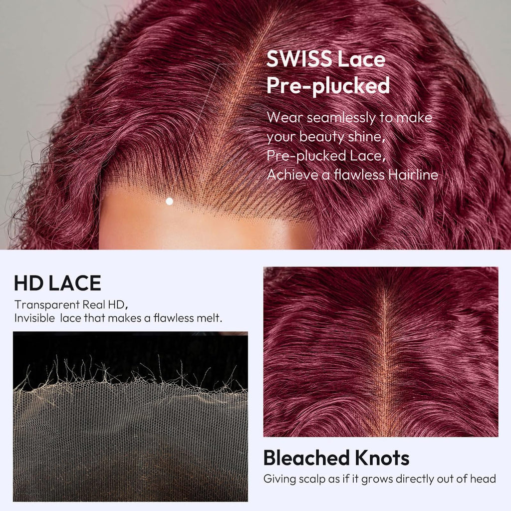 Estilar 99j Burgundy Deep Wave Lace Front Wigs Human Hair 200 Density 13x6 HD Lace Frontal Wigs Pre Plucked Deep Curly Glueless Wigs Human Hair with Baby Hair for Women Red Color 28 Inch