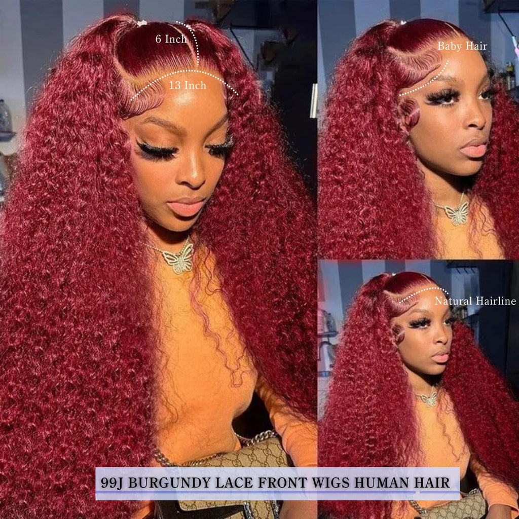 Estilar 99j Burgundy Deep Wave Lace Front Wigs Human Hair 200 Density 13x6 HD Lace Frontal Wigs Pre Plucked Deep Curly Glueless Wigs Human Hair with Baby Hair for Women Red Color 28 Inch