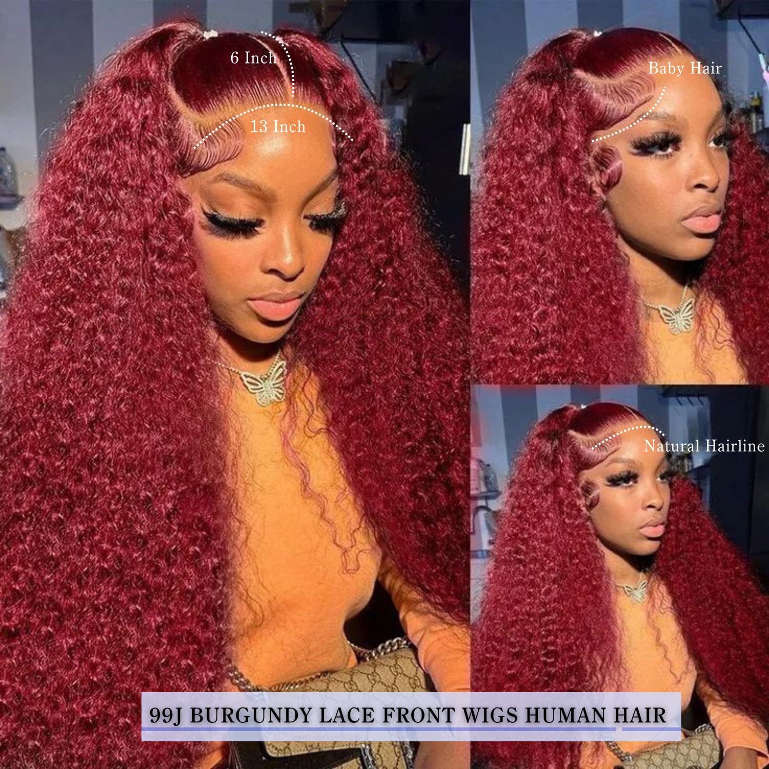 Estilar 99j Burgundy Deep Wave Lace Front Wigs Human Hair 200 Density 13x6 HD Lace Frontal Wigs Pre Plucked Deep Curly Glueless Wigs Human Hair with Baby Hair for Women Red Color 28 Inch