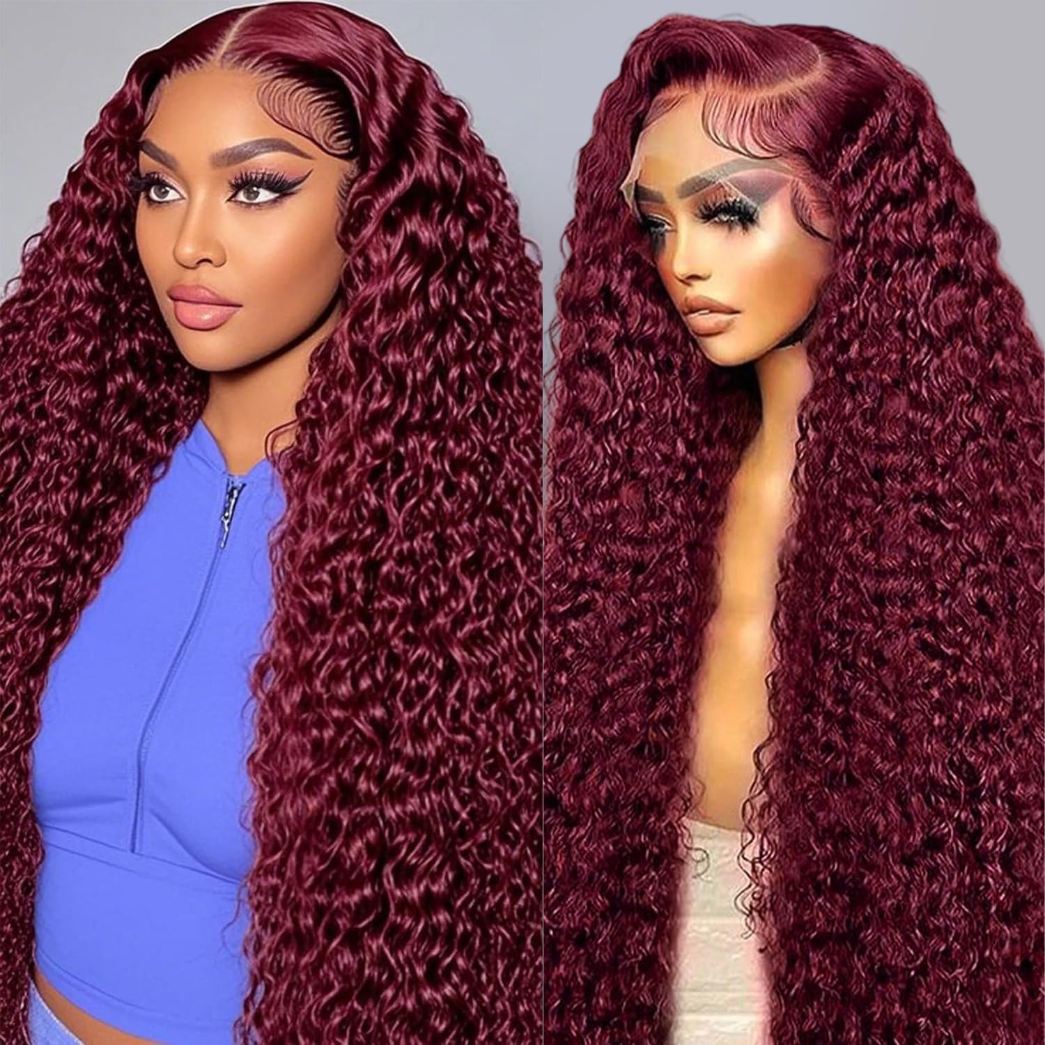 Estilar 99j Burgundy Deep Wave Lace Front Wigs Human Hair 200 Density 13x6 HD Lace Frontal Wigs Pre Plucked Deep Curly Glueless Wigs Human Hair with Baby Hair for Women Red Color 28 Inch