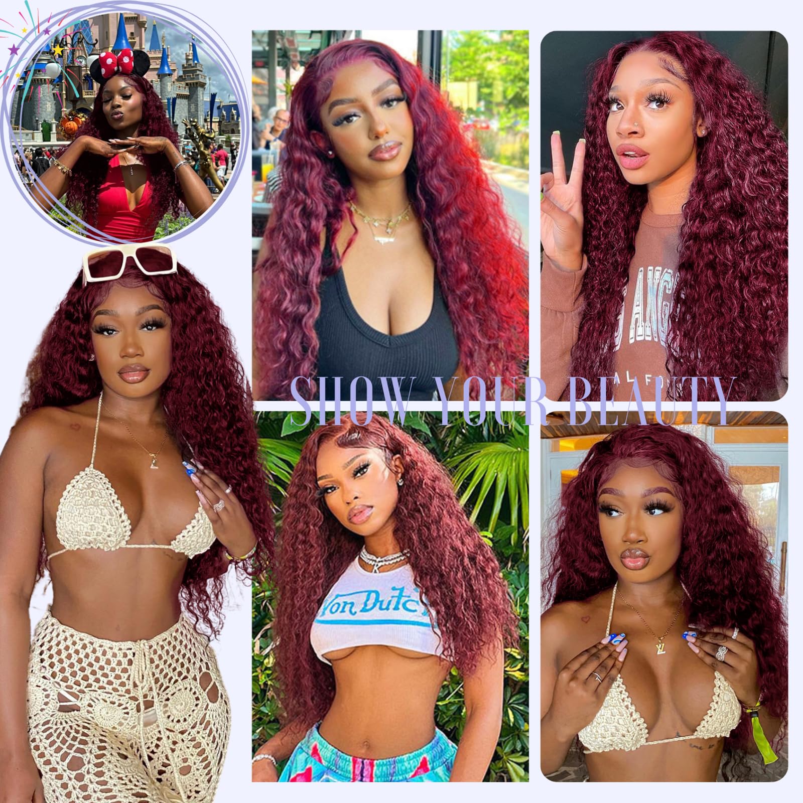 Estilar 99j Burgundy Deep Wave Lace Front Wigs Human Hair 200 Density 13x6 HD Lace Frontal Wigs Pre Plucked Deep Curly Glueless Wigs Human Hair with Baby Hair for Women Red Color 28 Inch