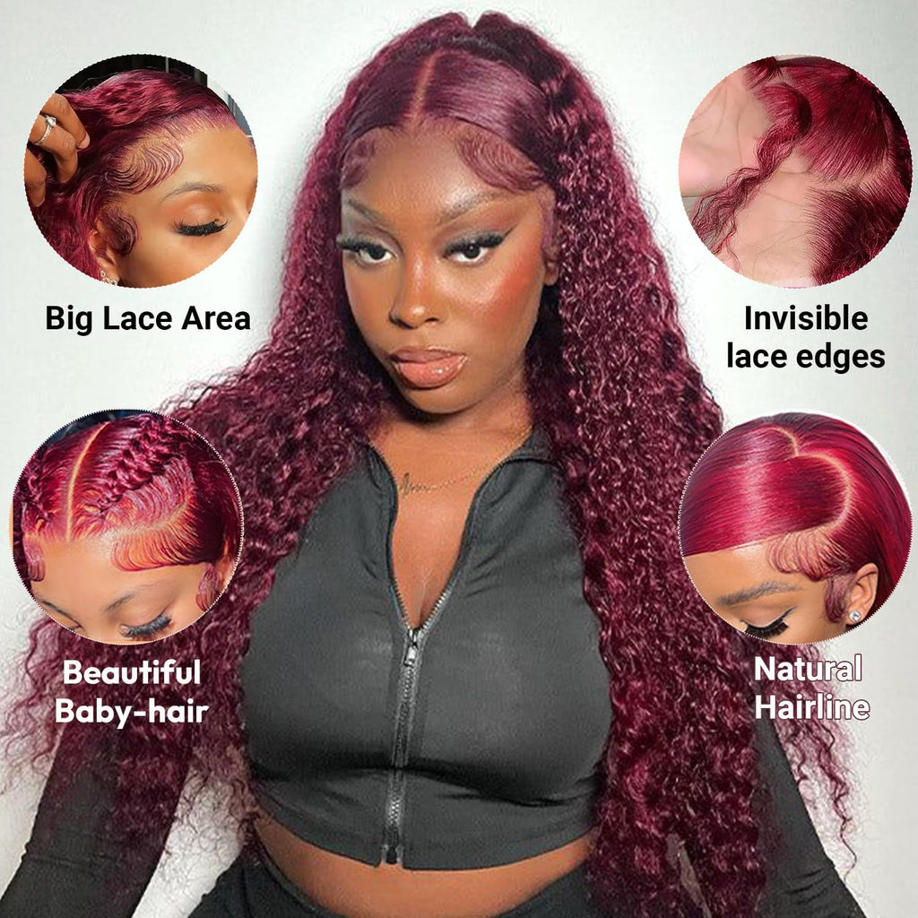 Estilar 99j Burgundy Deep Wave Lace Front Wigs Human Hair 200 Density 13x6 HD Lace Frontal Wigs Pre Plucked Deep Curly Glueless Wigs Human Hair with Baby Hair for Women Red Color 28 Inch