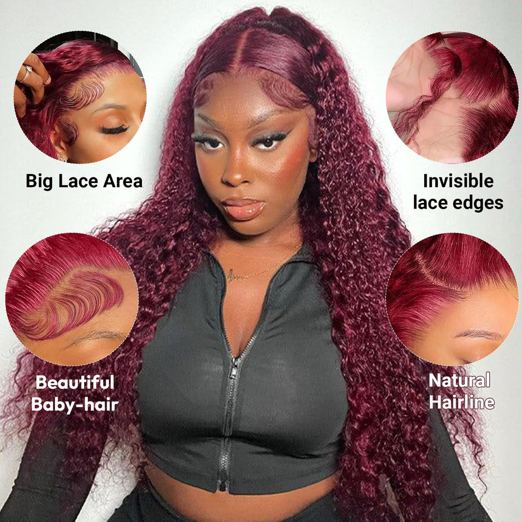 Estilar 99j Burgundy Deep Wave Lace Front Wigs Human Hair 200 Density 13x6 HD Lace Frontal Wigs Pre Plucked Deep Curly Glueless Wigs Human Hair with Baby Hair for Women Red Color 28 Inch