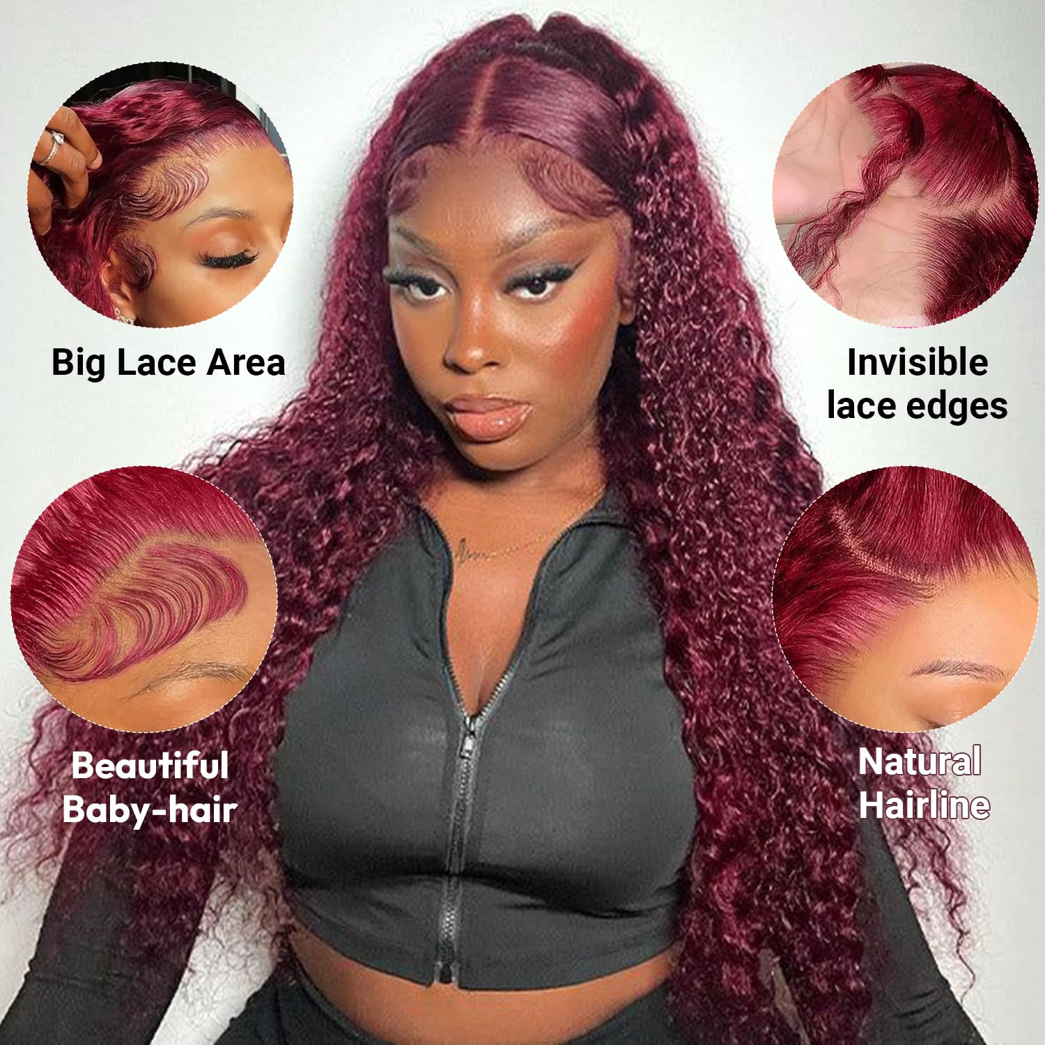 Estilar 99j Burgundy Deep Wave Lace Front Wigs Human Hair 200 Density 13x6 HD Lace Frontal Wigs Pre Plucked Deep Curly Glueless Wigs Human Hair with Baby Hair for Women Red Color 28 Inch